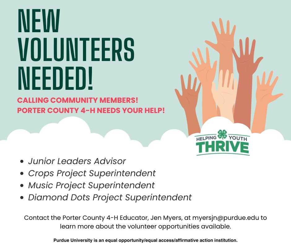 Volunteers Needed for 4-H Projects – Porter County 4-H Hub